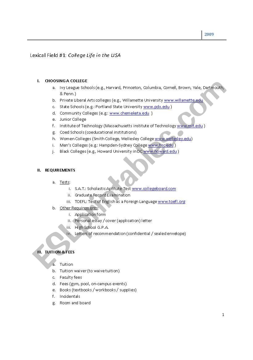 Lexical Field Education in USA