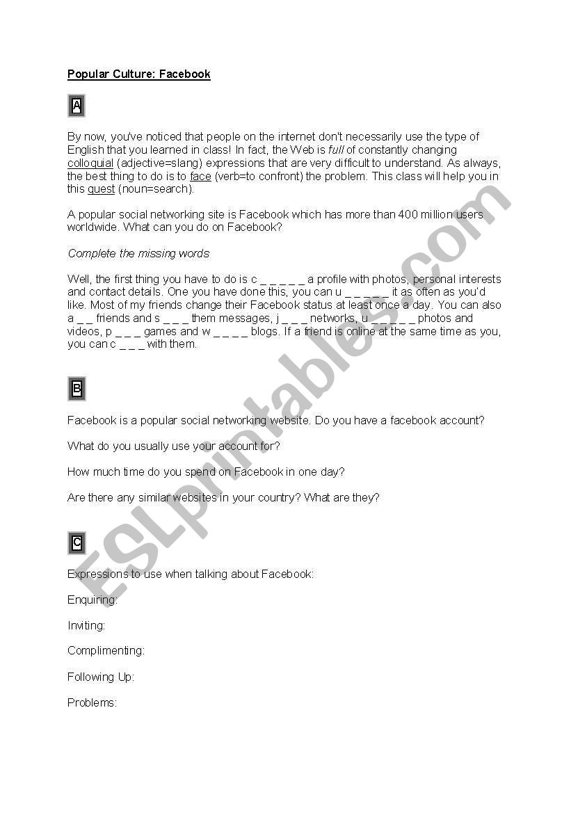 Facebook worksheet