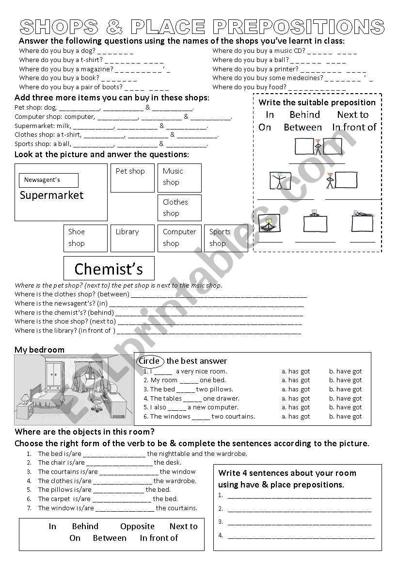 shops and place prepositions worksheet