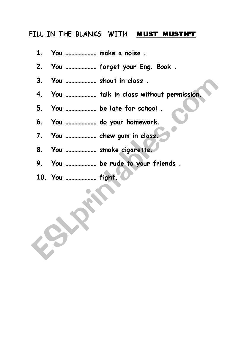 must / mustnt worksheet