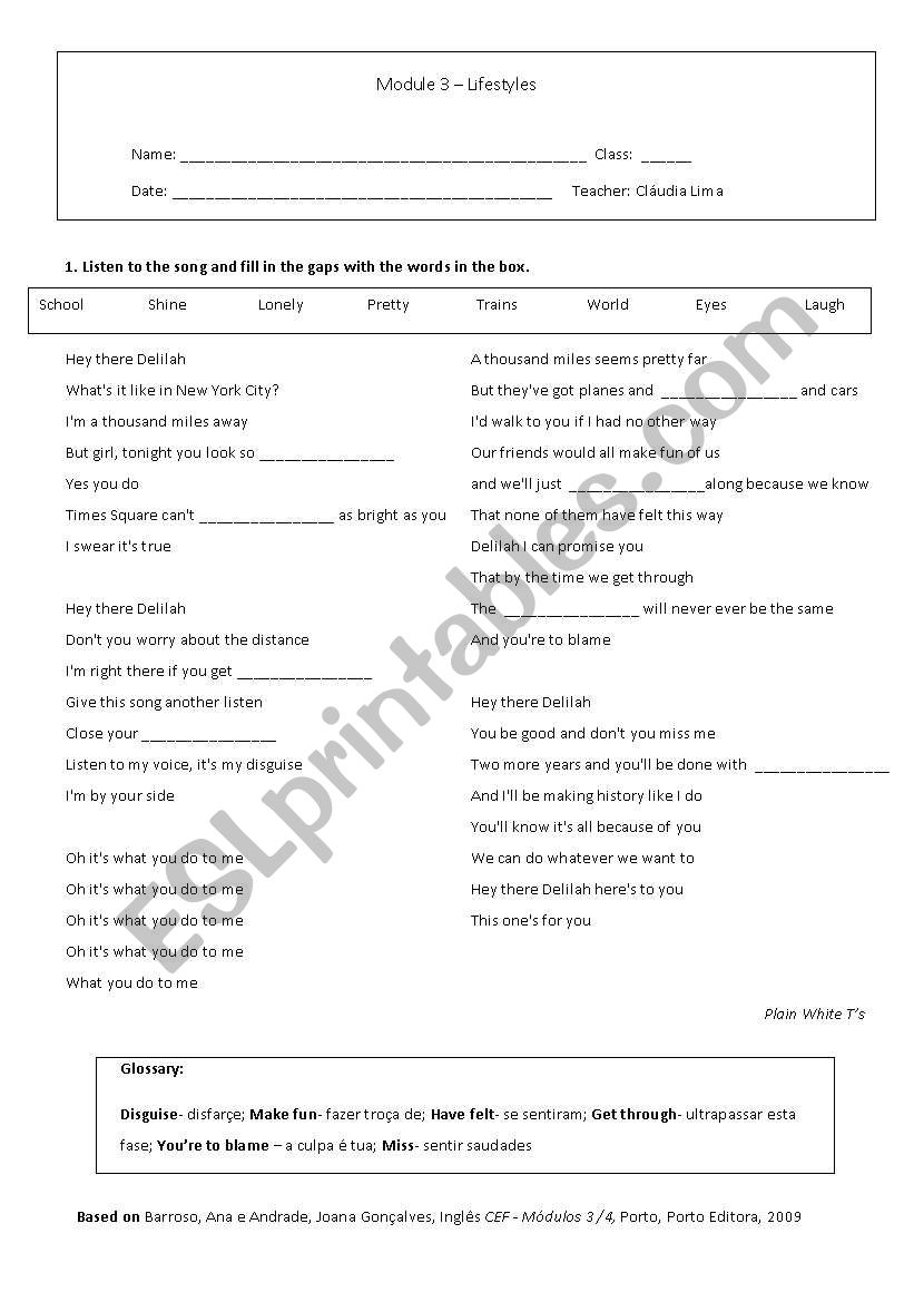 Song: Hey there Delilah worksheet