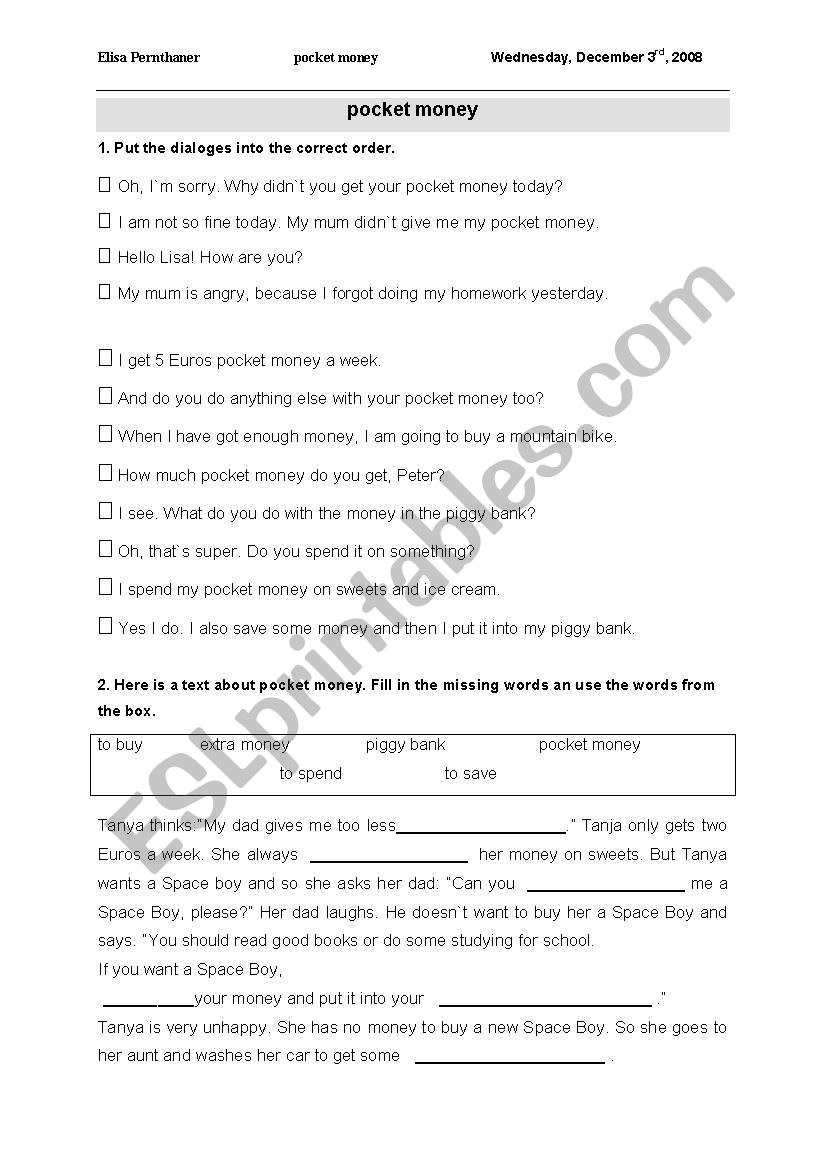 Pocket money worksheet