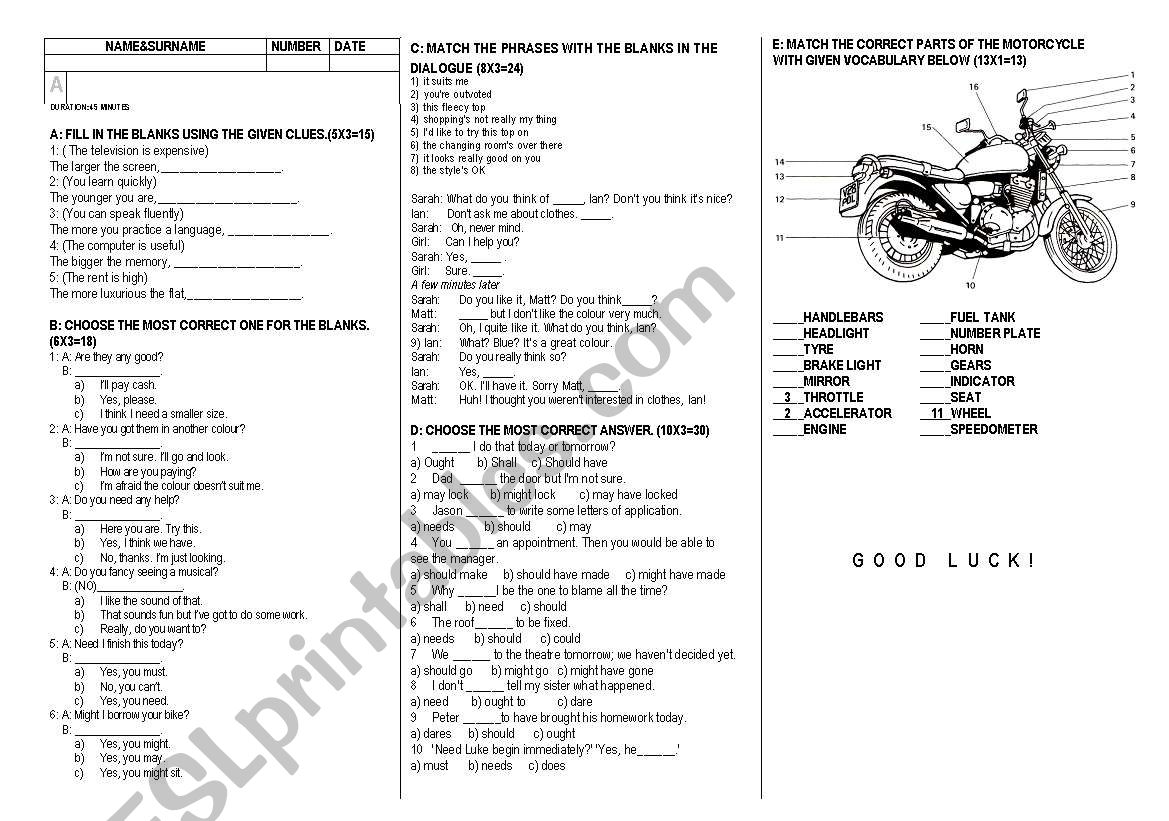 exam questions worksheet