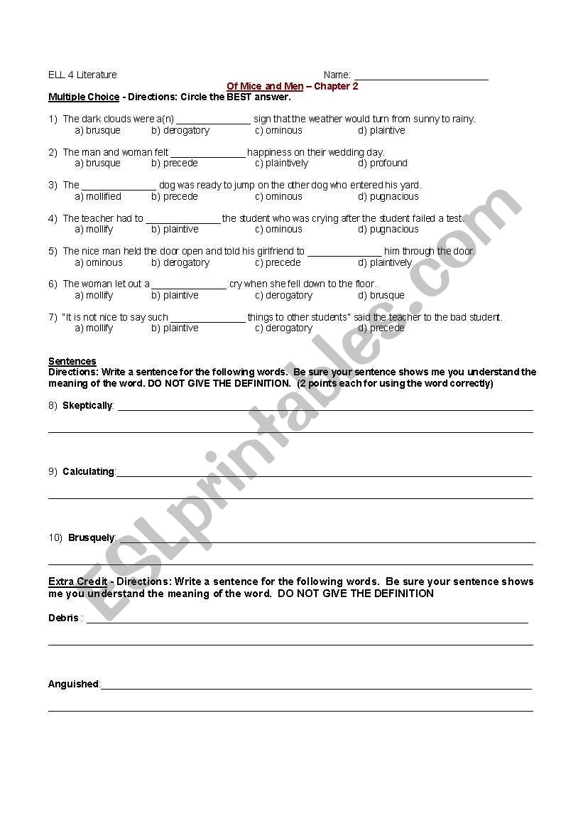 Of Mice and Men - Chapter 2 Vocabulary Test