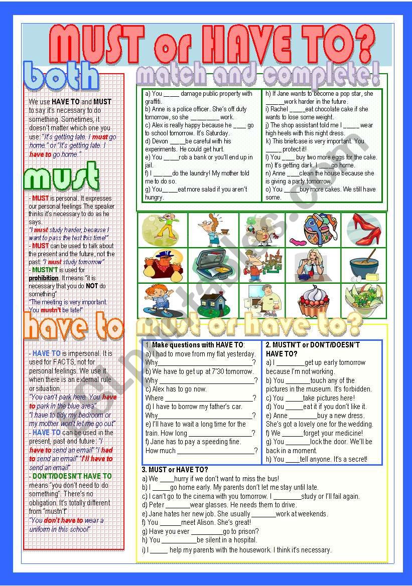 MUST OR HAVE TO - ESL worksheet by felizapenas