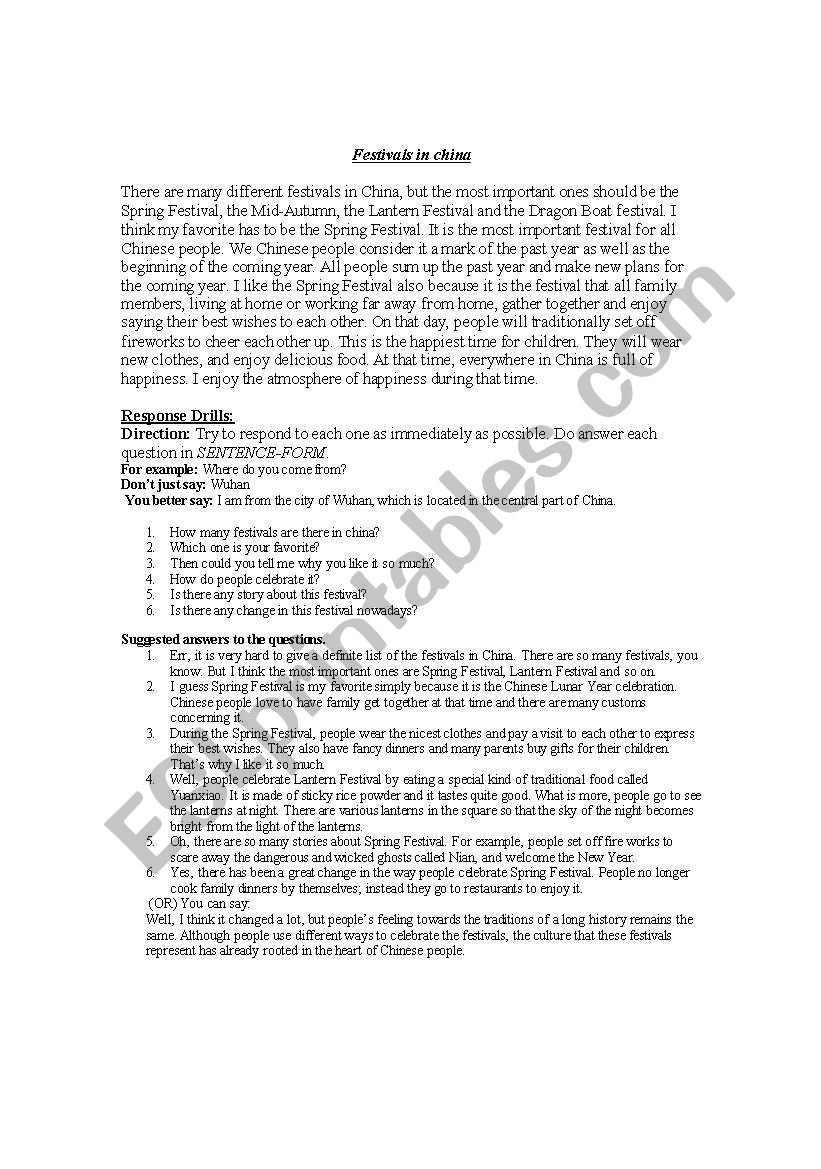 Festivals in China worksheet