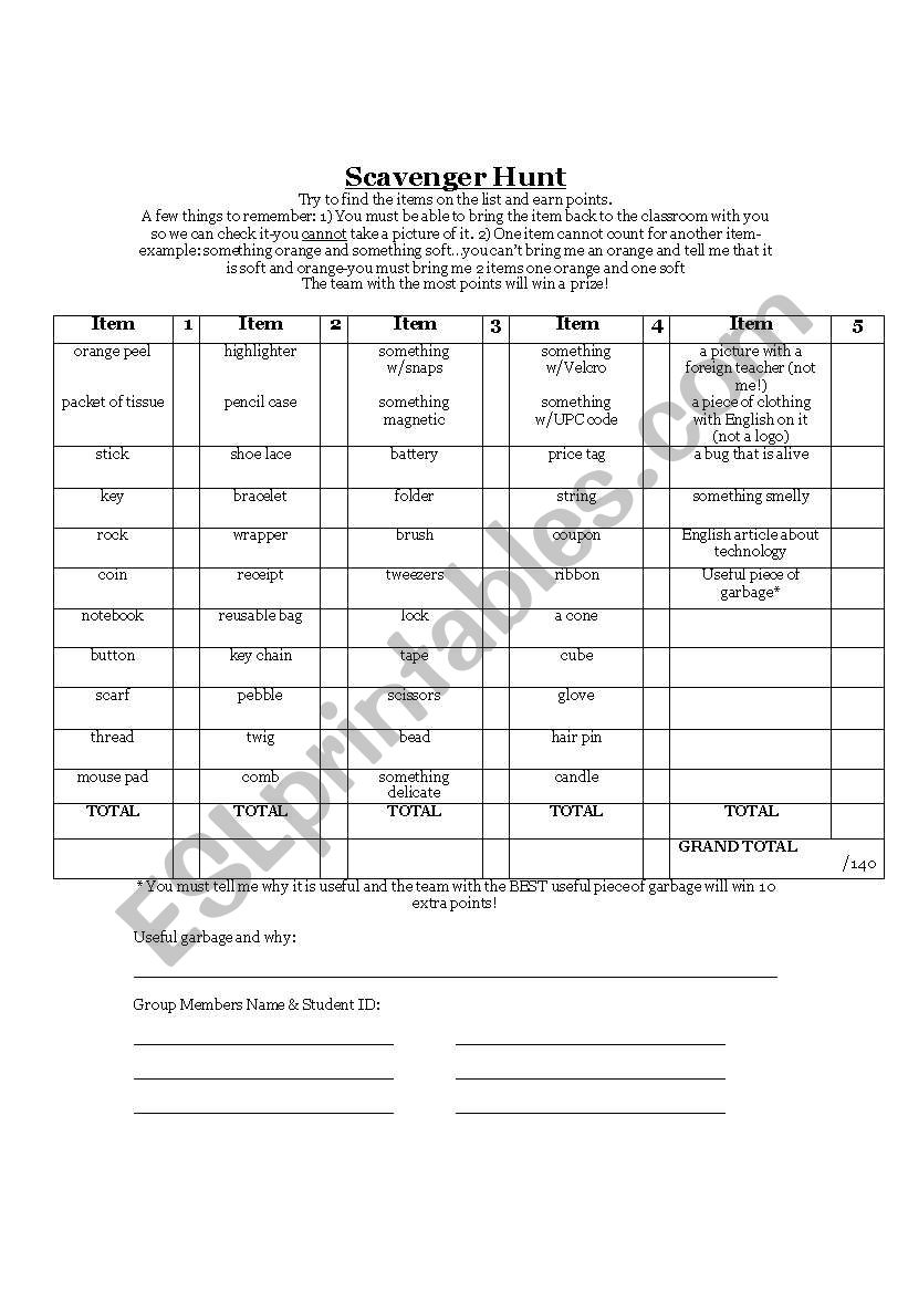 scavenger hunt worksheet