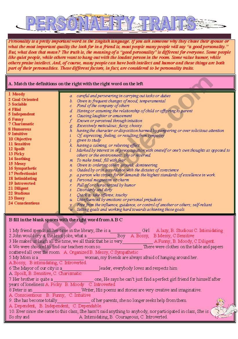 Personality traits worksheet