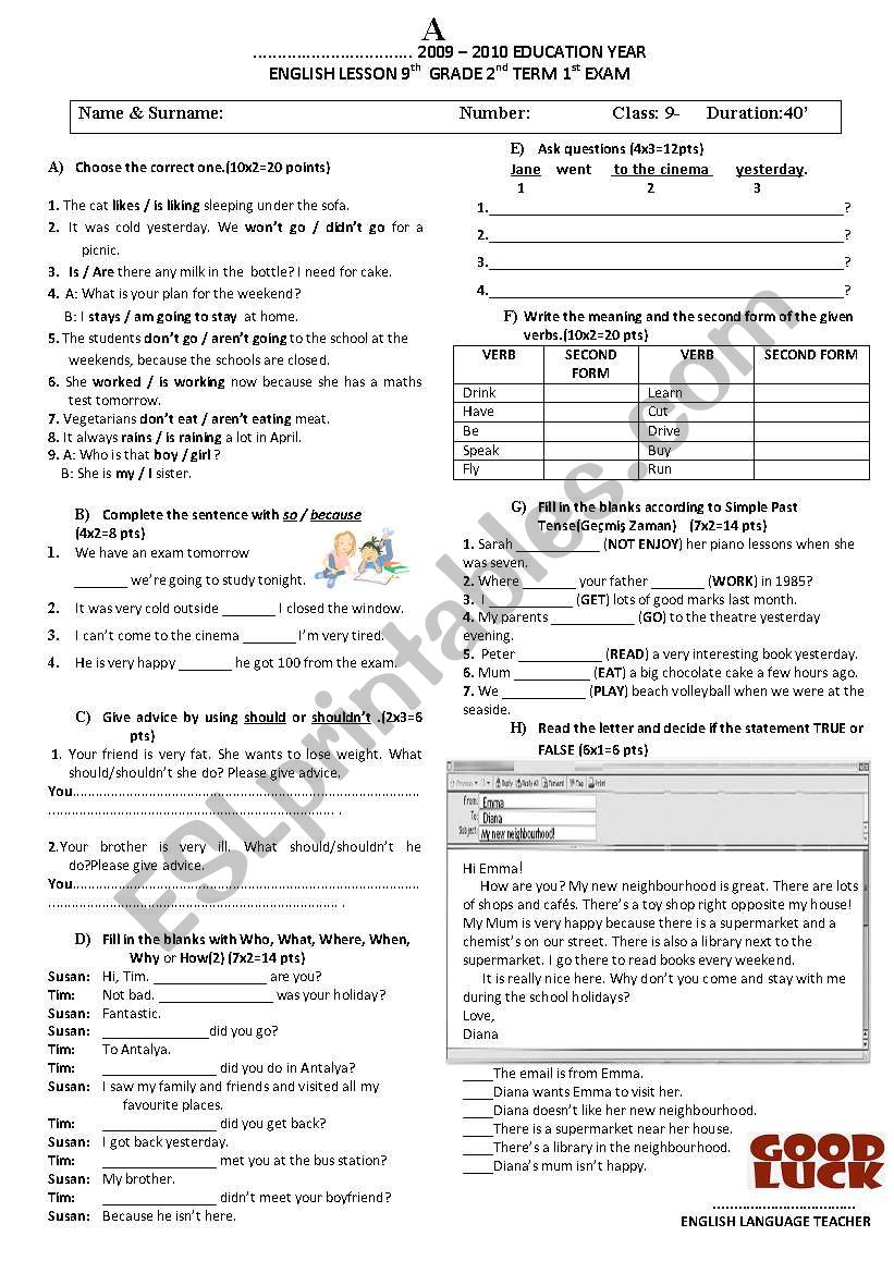 exam for 9th grade A worksheet