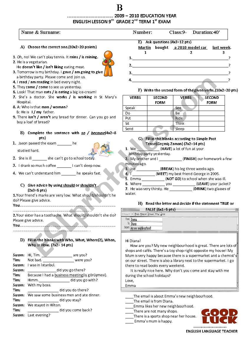 exam for 9th grade B worksheet