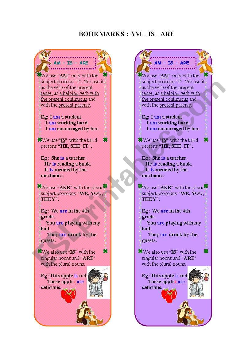 Bookmarks(am-is-are) worksheet
