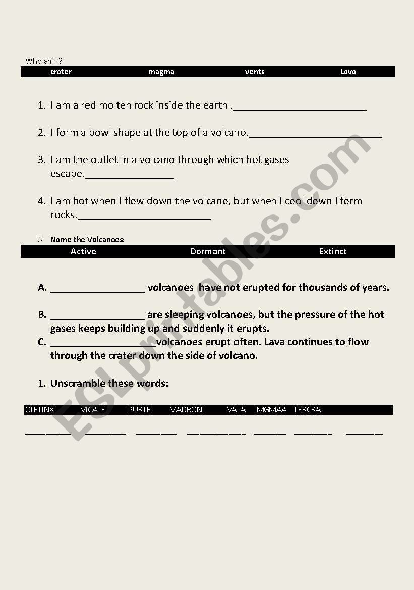 Volcanoes worksheet