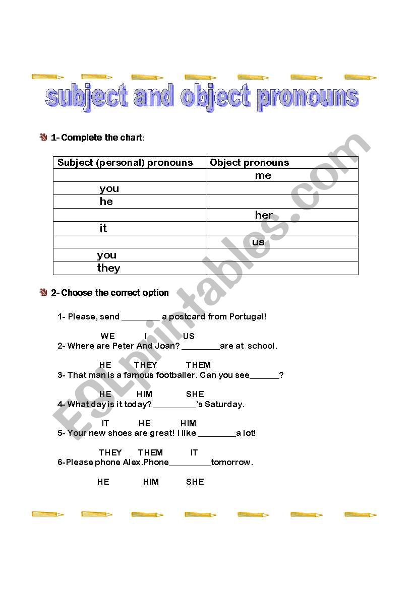 subject and object pronouns worksheet