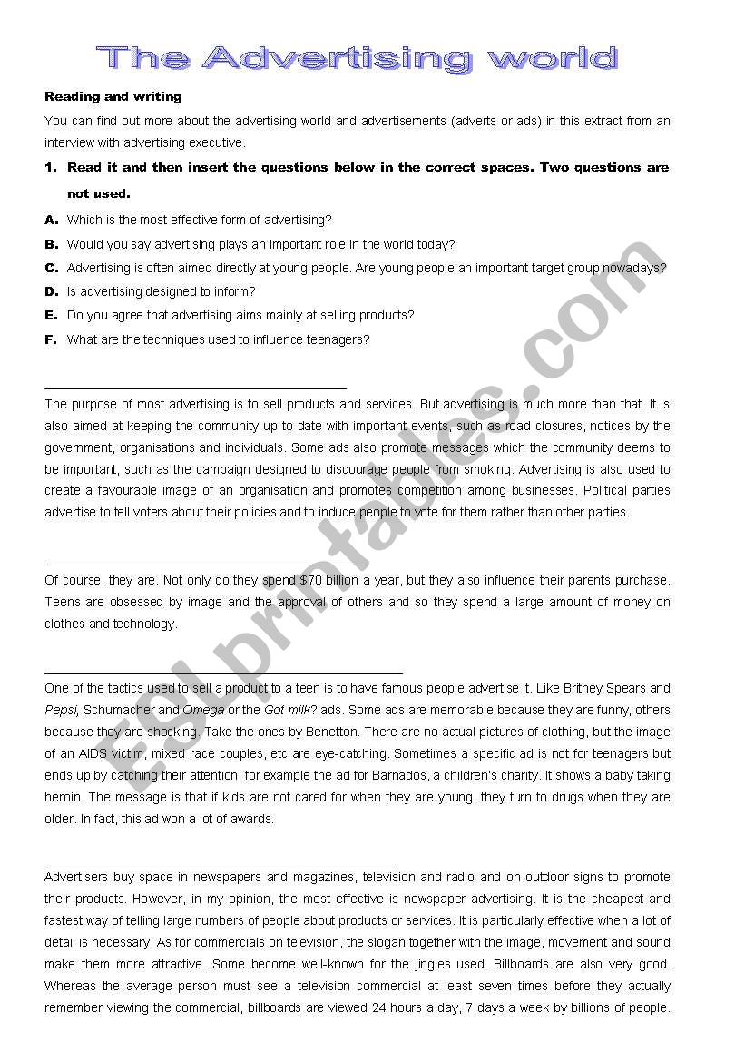 The advertising world worksheet