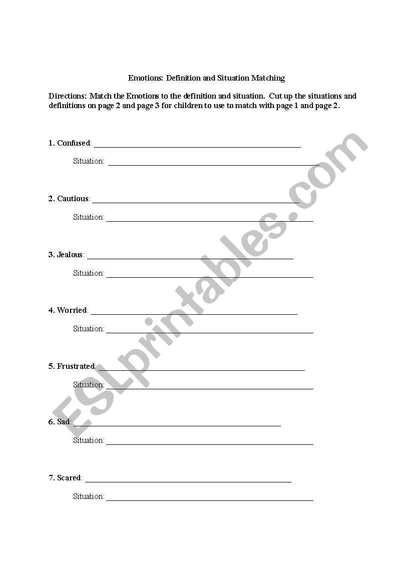 Emotions Matching Worksheet: definition and situation