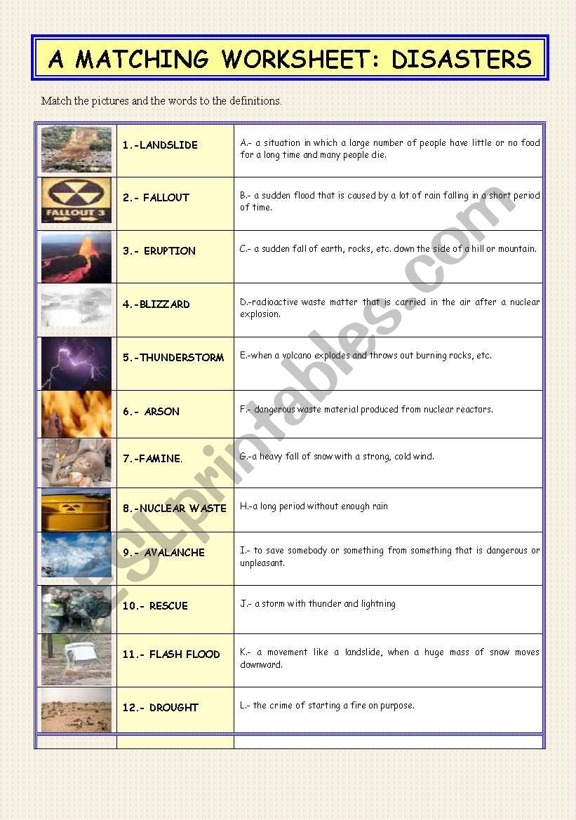 Disasters (a matching worksheet)