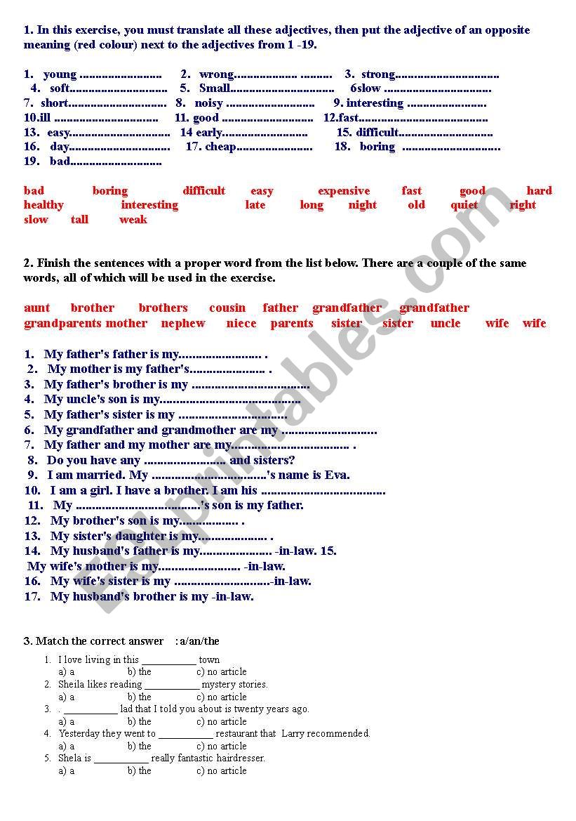 various exercises worksheet