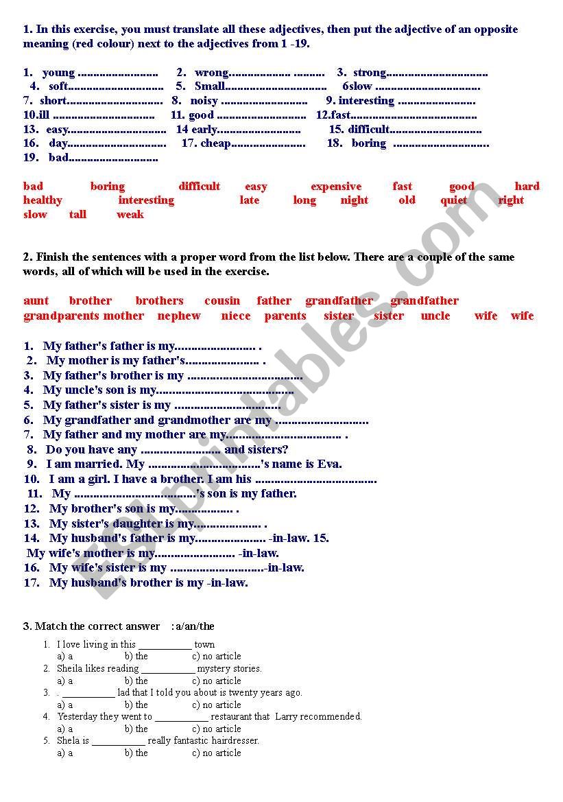 various exercises worksheet