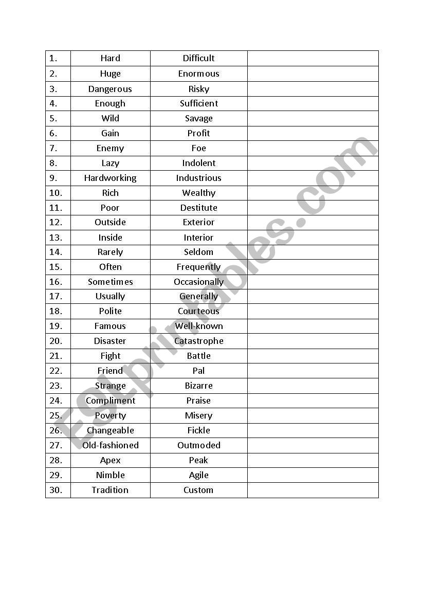 synonyms worksheet