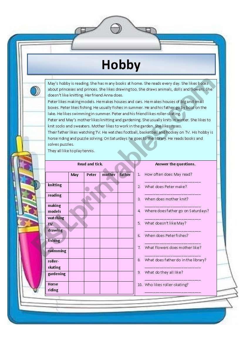 My hobby worksheet