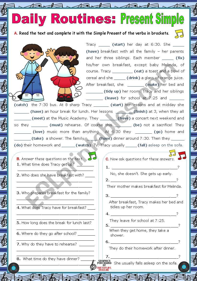 Daily Routines Simple Present Tense Exercises Exercise Poster