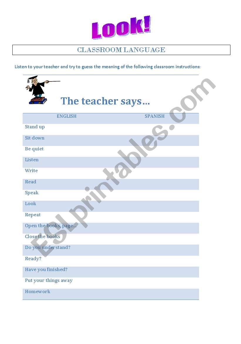 classroom language worksheet