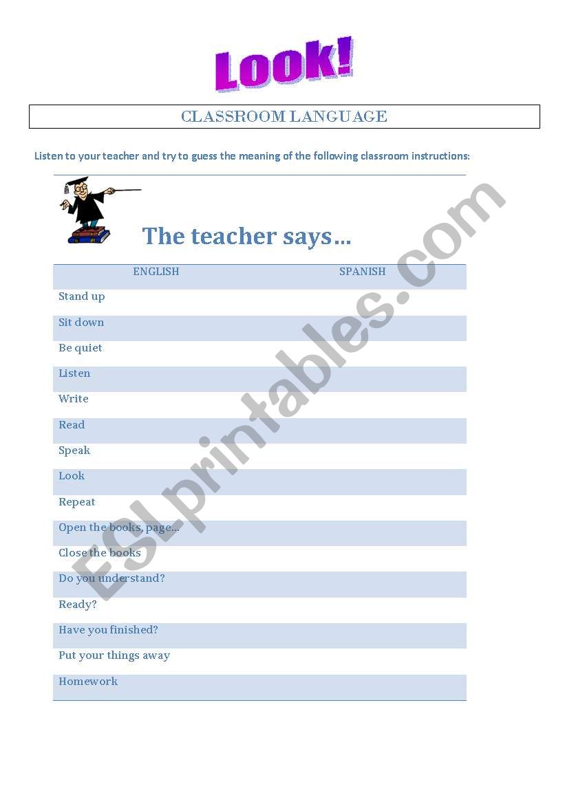 classroom language worksheet