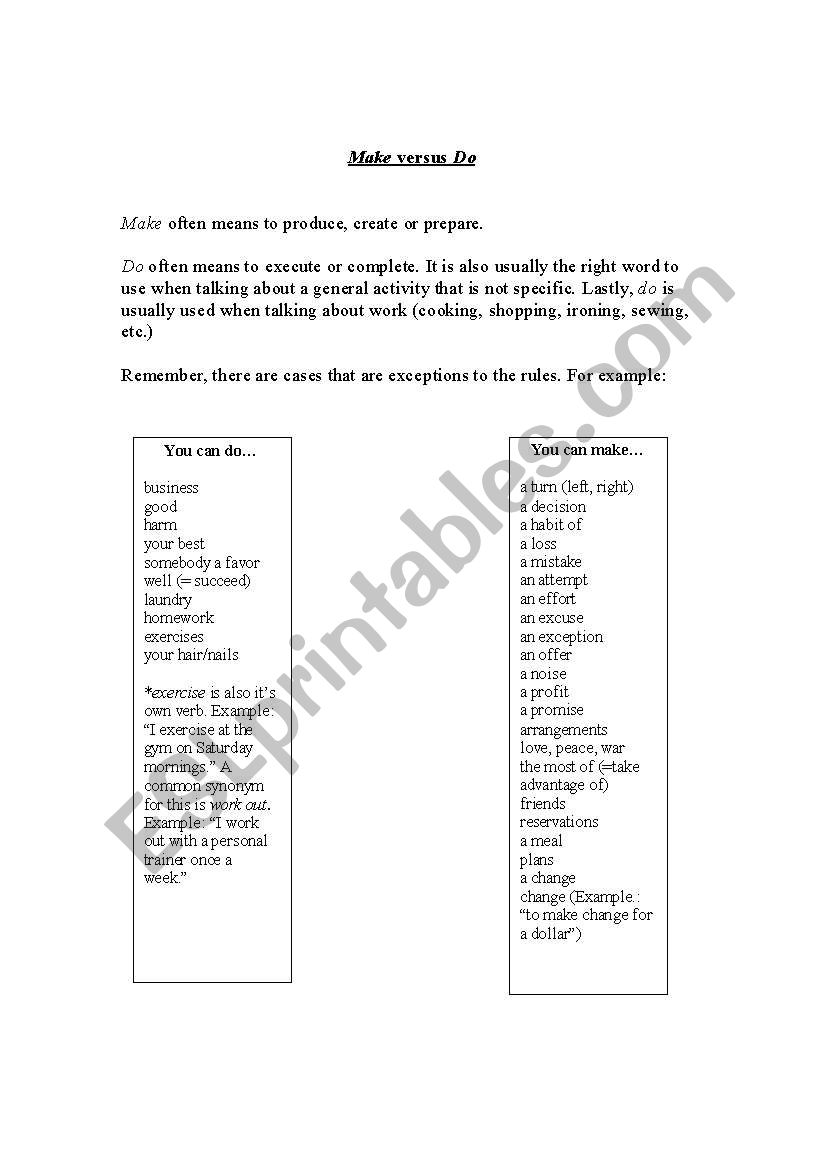 Make versus Do  worksheet