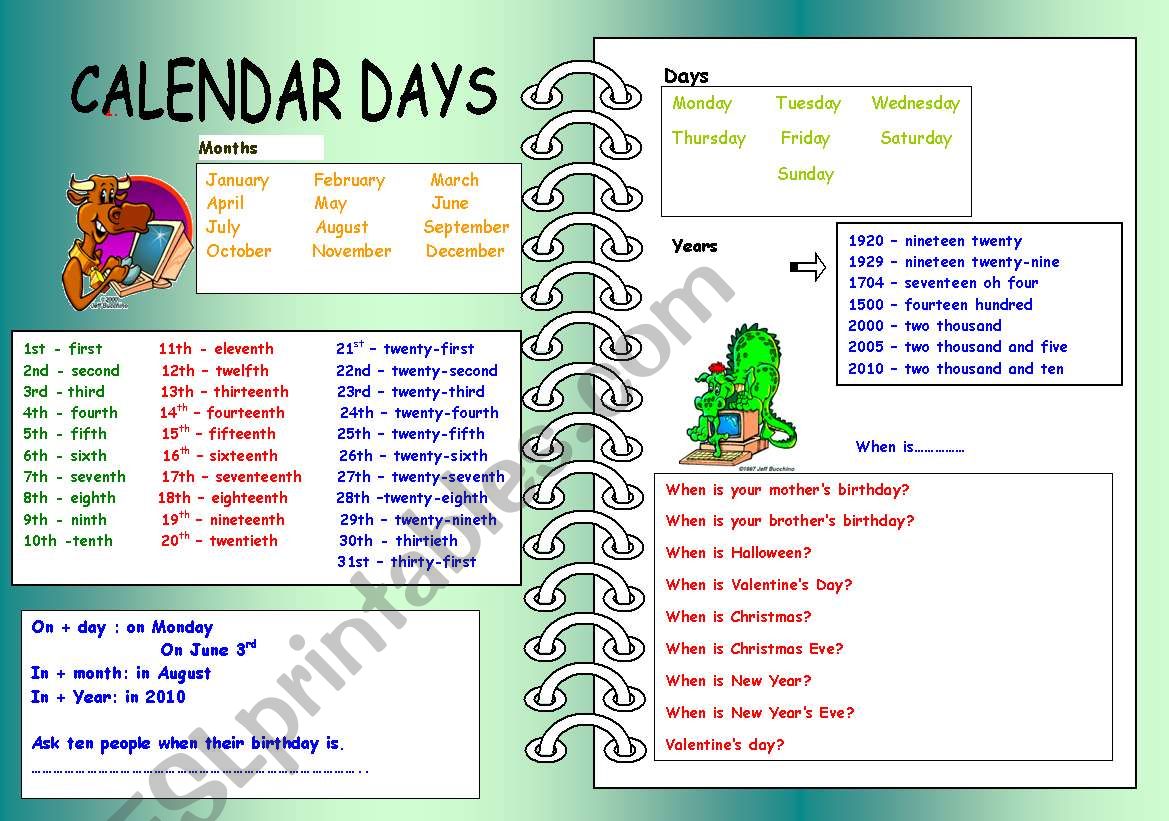 Dates and Calendar Days worksheet