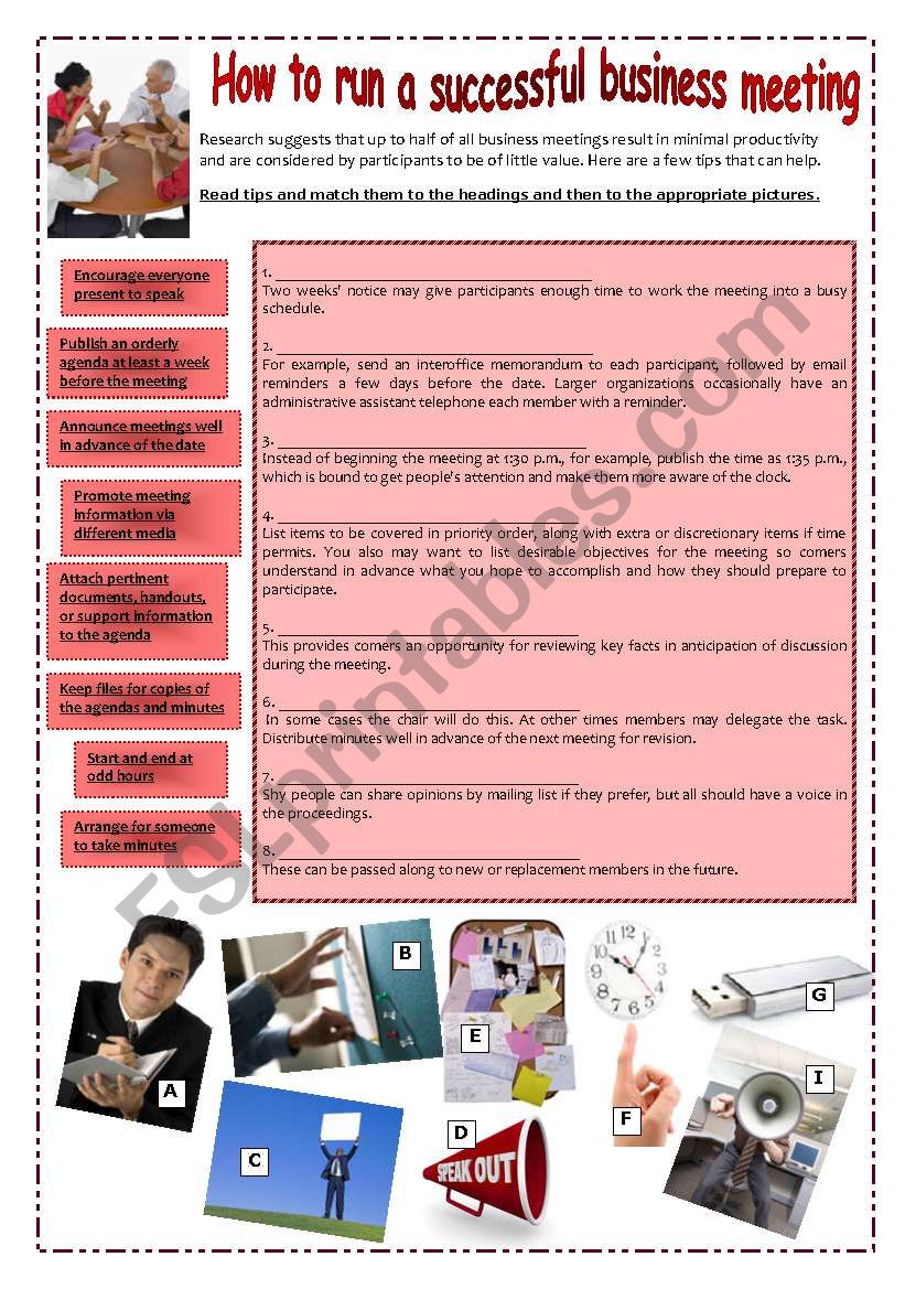 How to run a successful business meeting (2 pages with answers)