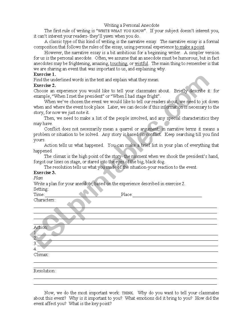 Writing a Personal Anecdote worksheet