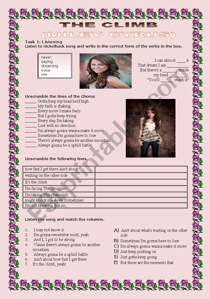 THE CLIMB BY MILEY CYRUS worksheet