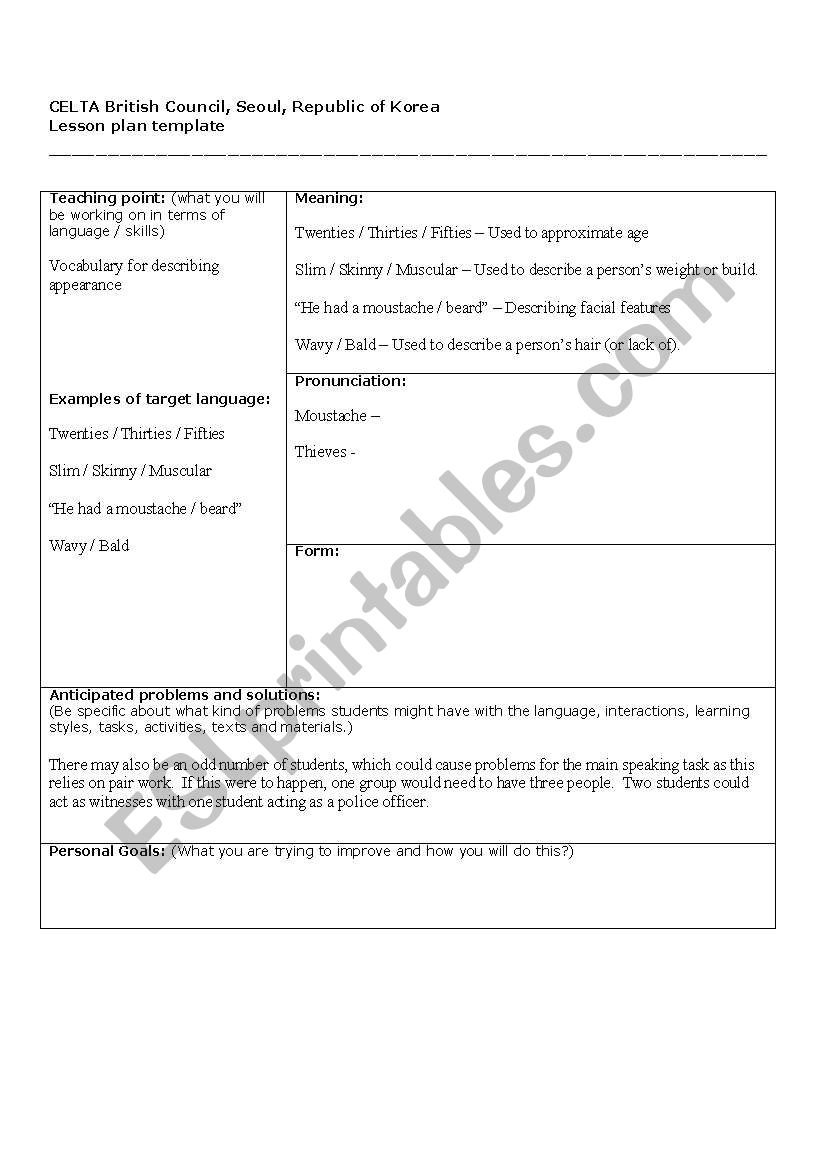 Describing appearances worksheet