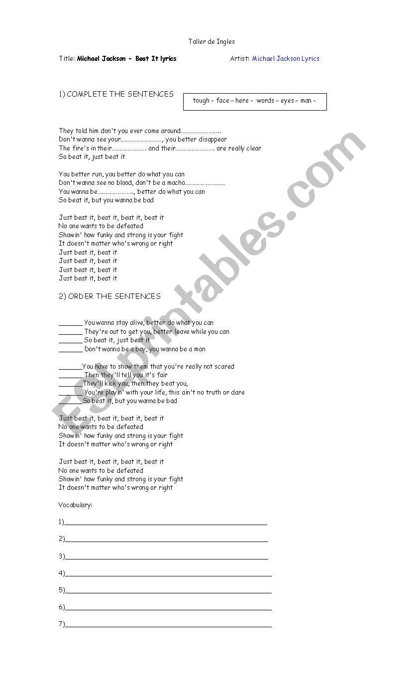 Beat it worksheet