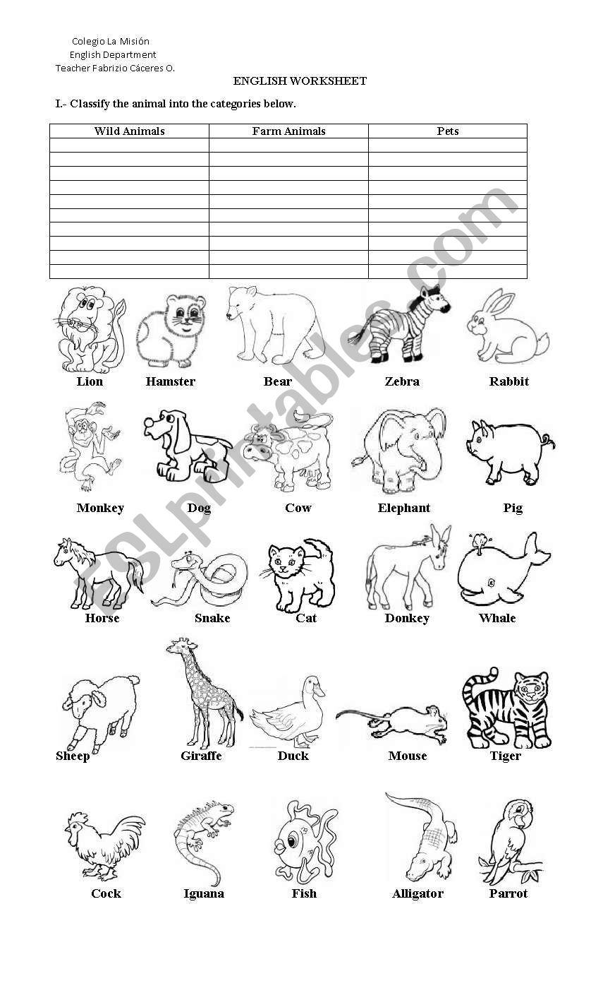 Classify the animals worksheet