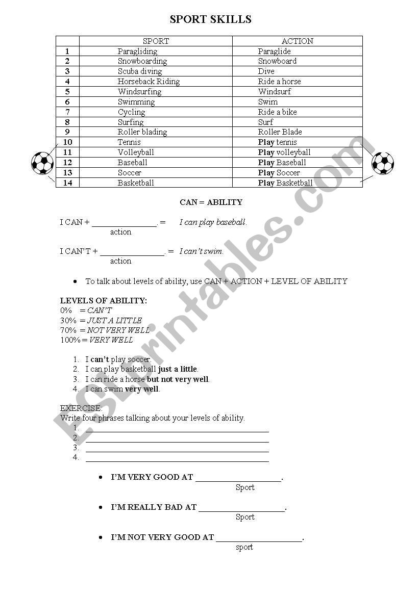 Skills and abilities in sports - Can + cant 