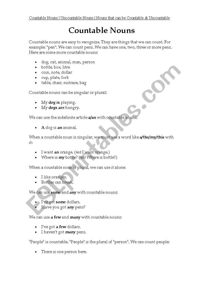 Countable & Uncountable worksheet