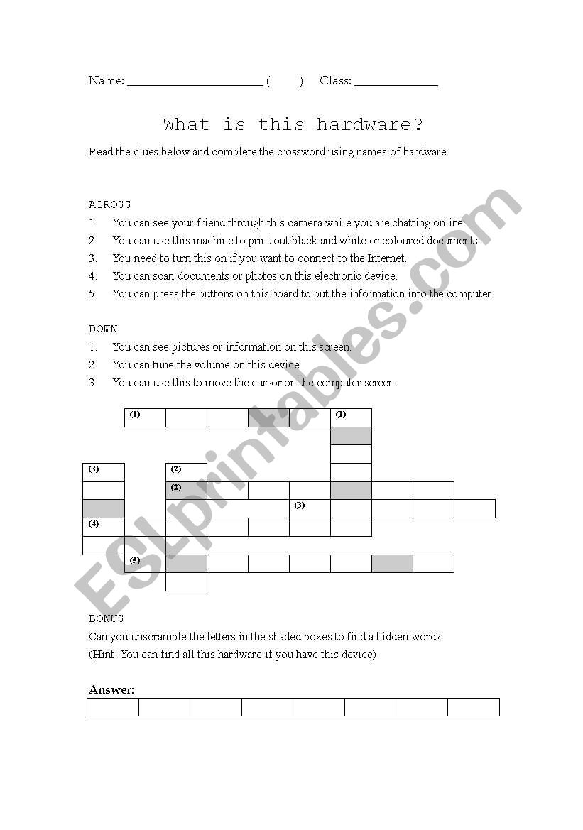 crossword (computer hardware) worksheet