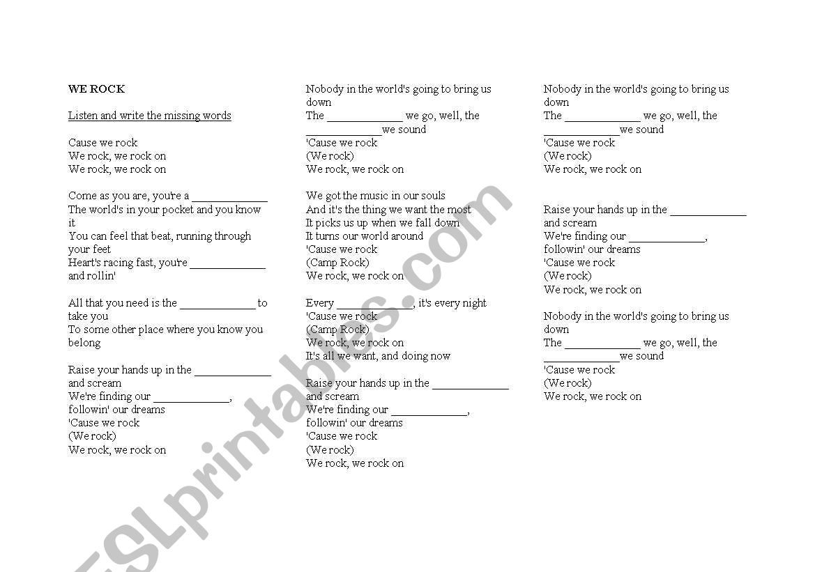 Gap-fill for the song We Rock worksheet