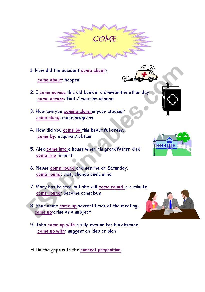 Phrasal verb  come worksheet