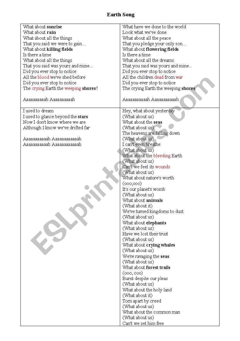 earth song worksheet