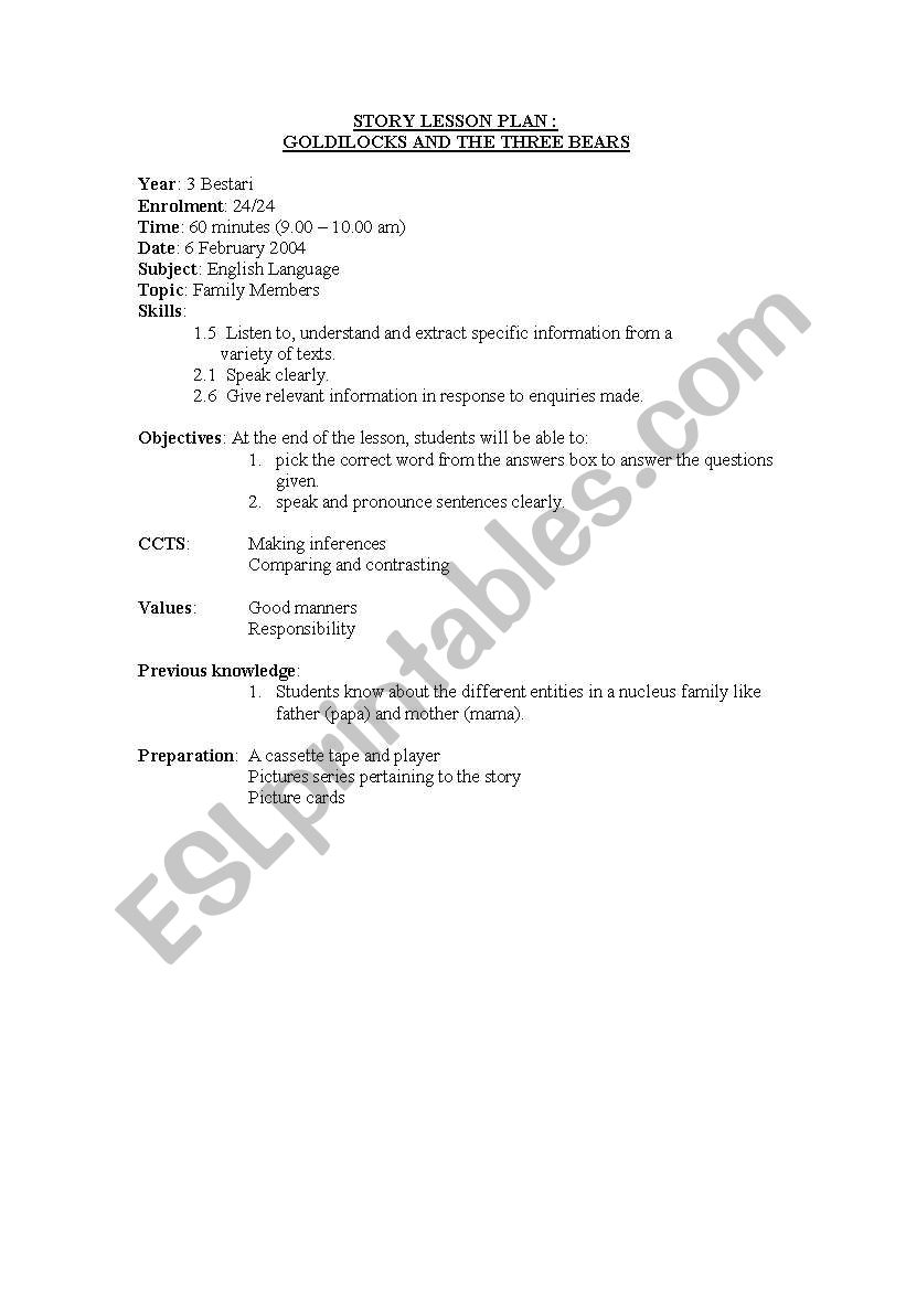 goldilocks worksheet