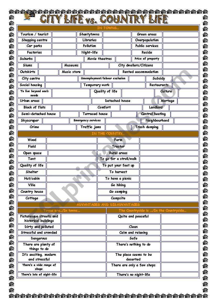 City life versus country life worksheet