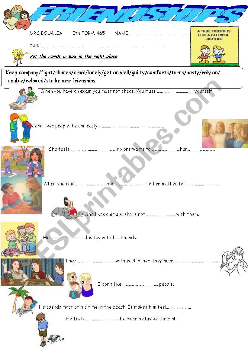 FRIENDSHIPS worksheet