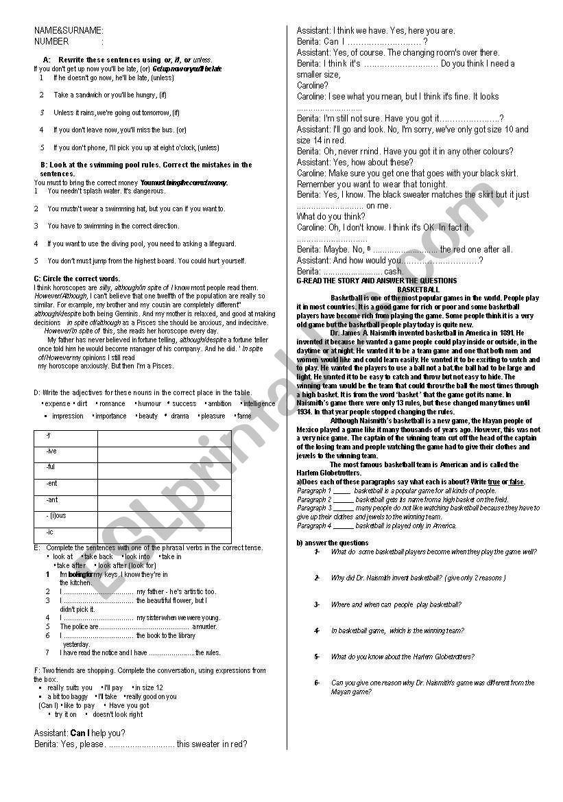 examination for intermediates worksheet