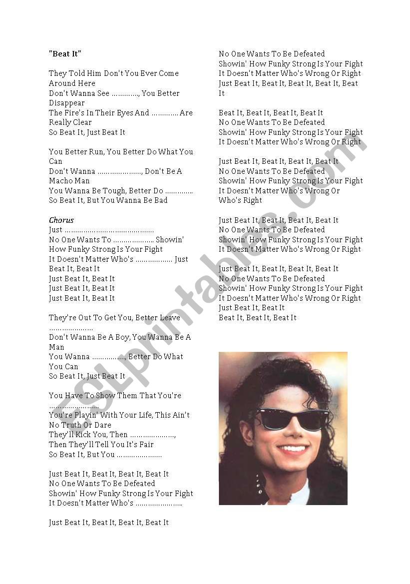 Jacksons lyrics- Beat it worksheet