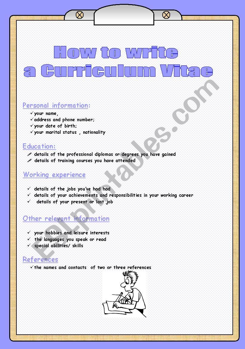 How to write a Curriculum Vitae - ESL worksheet by Ana B