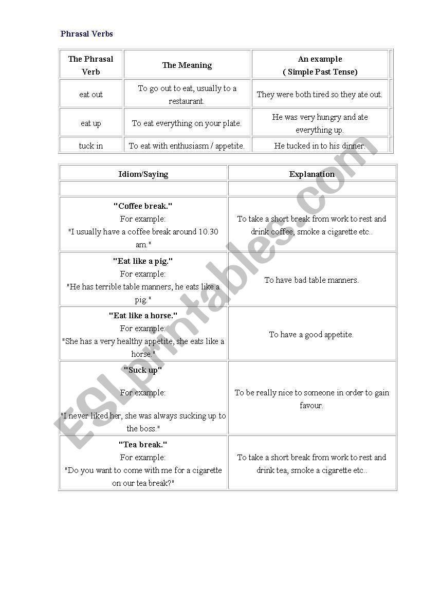 phrasal verbs (to eat) worksheet