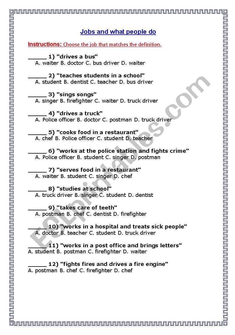Jobs and what people do worksheet