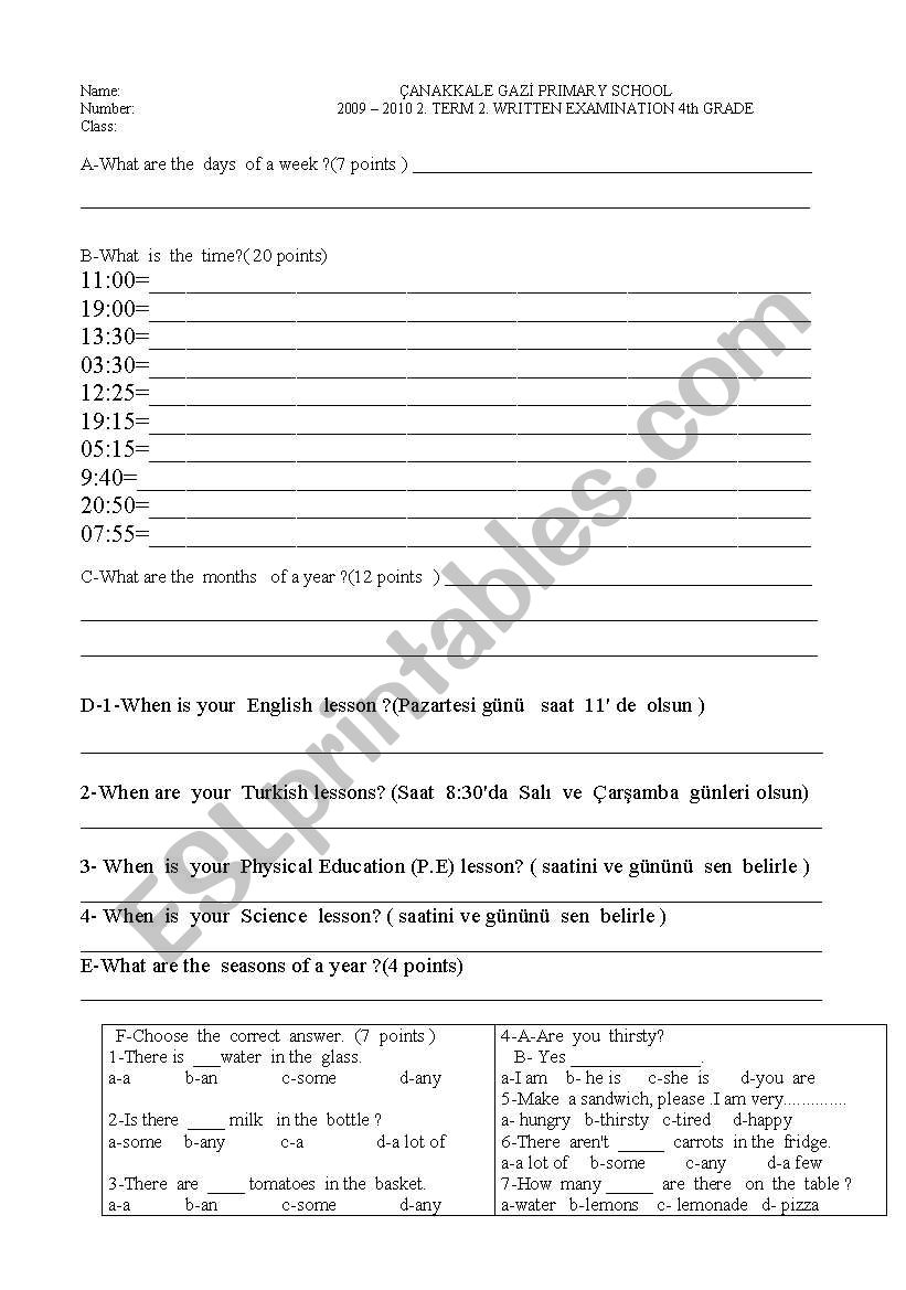 a written examination  worksheet